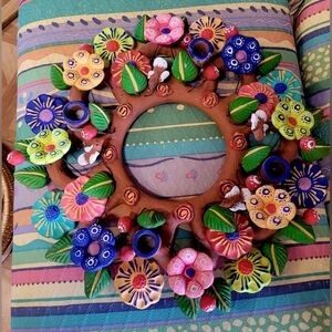 Vintage Folk Art Mexican Clay  Tree Of Life Pottery Table Wreath Candle Holder